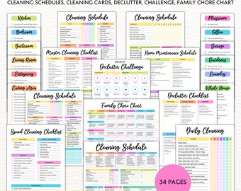 May include: A printable cleaning planner bundle with 34 pages of checklists, schedules, and charts. The pages are color-coded and feature a variety of cleaning tasks, including daily, weekly, and monthly cleaning schedules. The bundle also includes a 30-day declutter challenge and a family chore chart. The text "EDITABLE PDF - EDIT IN ADOBE ACROBAT" is at the bottom of the image.