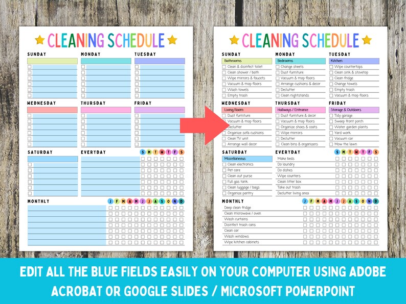 Editable Cleaning Schedule, Printable Cleaning Planner, Weekly Cleaning