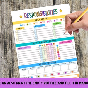Pu&ograve; includere: Un grafico di responsabilit&agrave; giornaliero e settimanale stampabile con sezioni per la routine quotidiana, i compiti quotidiani, i compiti settimanali e un programma settimanale. Il grafico &egrave; colorato e presenta una stella con la parola "Responsabilit&agrave;" in lettere arcobaleno.