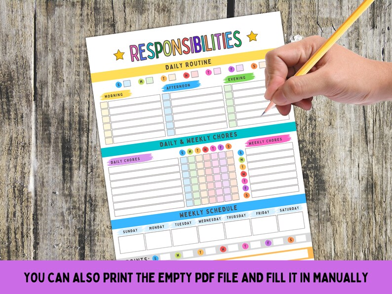 Pu&ograve; includere: Un grafico di responsabilit&agrave; giornaliero e settimanale stampabile con sezioni per la routine quotidiana, i compiti quotidiani, i compiti settimanali e un programma settimanale. Il grafico &egrave; colorato e presenta una stella con la parola "Responsabilit&agrave;" in lettere arcobaleno.