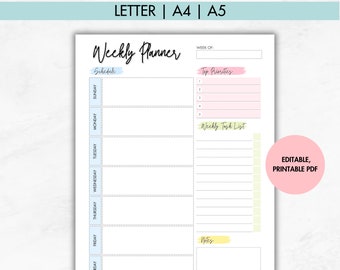 Editable Weekly Planner Printable: To-Do List Organizer (Letter, A4, A5) (PDF)