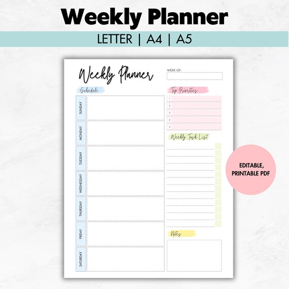 Editable Weekly Planner Printable: To-Do List Organizer (Letter, A4, A5) (PDF)