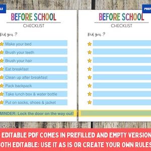 Kids Before School / After School / Bedtime Checklist, Printable Chart ...