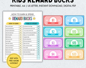 Editable Kids Reward Bucks, Printable Mom Bucks, Chore Bucks, Good Behavior Bucks, Play Money, Pretend Money, Reward System For Kids, PDF