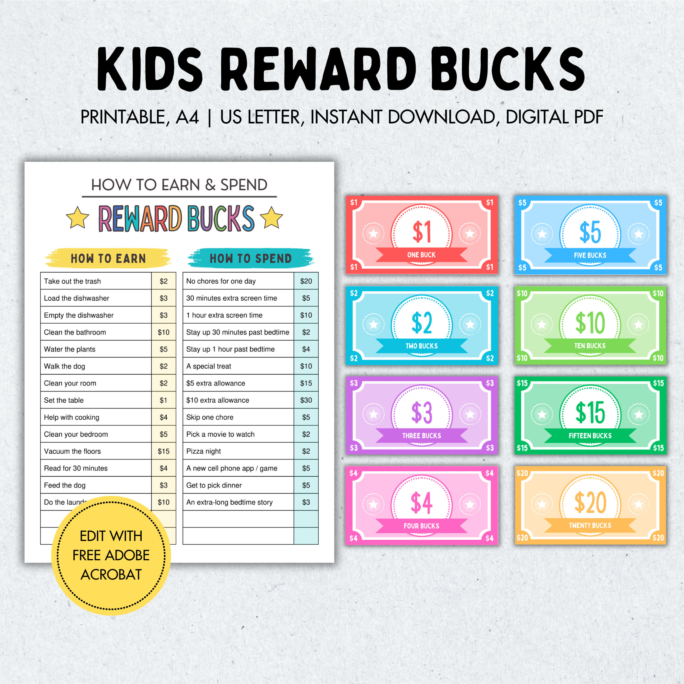 Editable Kids Reward Bucks, Printable Mom Bucks, Chore Bucks, Good Behavior Bucks, Play Money, Pretend Money, Reward System For Kids, PDF