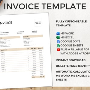 Invoice Template for Small Business, Printable, Digital Download, Customizable Invoice, Excel, Word, Google Docs, Sheets, Editable PDF