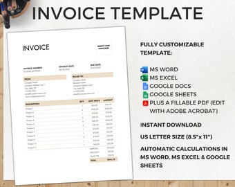 Modelo de fatura personalizável: PDF editável, Excel, Word, Google Docs (download digital)