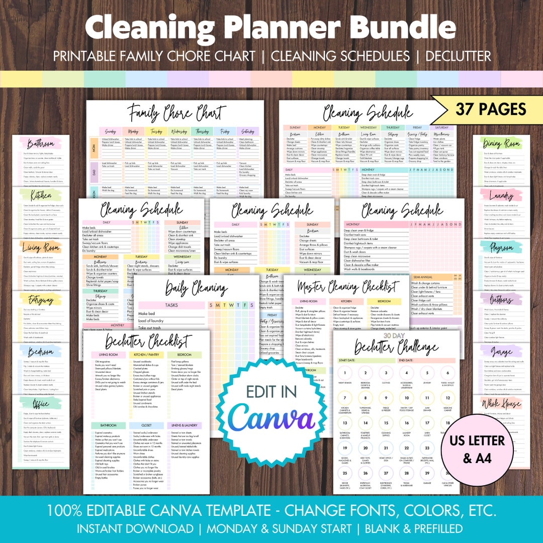 Editable Cleaning Planner Bundle: Chore Chart & Schedules (canva ...