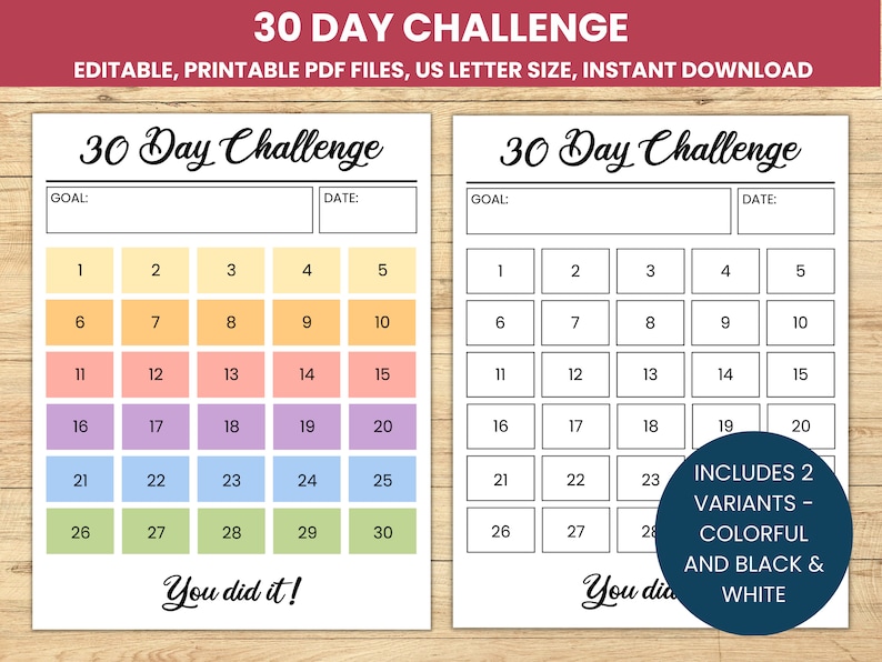 Editable 30 Day Challenge Tracker: Printable Goal Setting (PDF) - Etsy