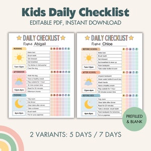 Editable Daily Checklist for Kids, Before School List, After School Checklist, Morning, Afternoon, Evening, Printable Kids Chore Chart, PDF