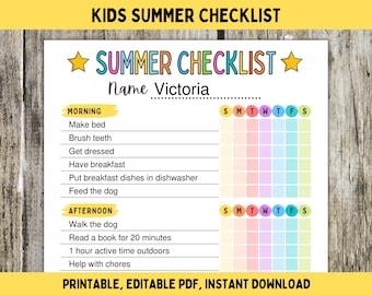 Printable Kids Summer Checklist: Editable Chore Chart (PDF)