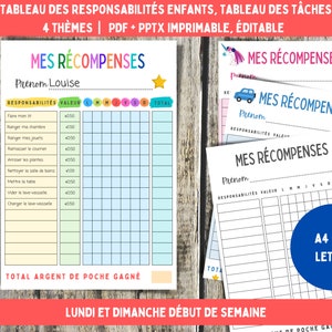 Tableau de taches pour enfants imprimable, tableau des corvées modifiable, mes recompenses, PDF + PPTX | Lun & Dim Début de la semaine