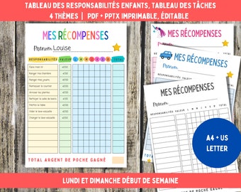 Tableau de taches pour enfants imprimable, tableau des corvées modifiable, mes recompenses, PDF + PPTX | Lun & Dim Début de la semaine