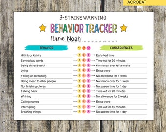 3 Strike Behavior Chart, Editable Behavior Chart for Kids, Kids Behavior Chart, Printable Behavior Chart, Digital PDF, Instant Download