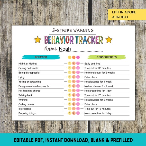 3 Strike Behavior Chart, Editable Behavior Chart for Kids, Kids Behavior Chart, Printable Behavior Chart, Digital PDF, Instant Download