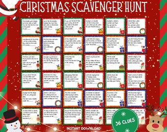 Peut inclure: Un jeu de chasse au trésor de Noël avec 36 indices. Le fond rouge présente des illustrations du Père Noël, d'un bonhomme de neige et d'un renne. Le jeu est conçu pour un téléchargement instantané.