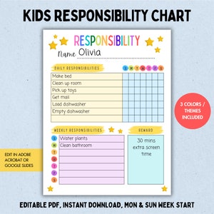 Responsibility Chart for Kids, Responsibility Chart, Printable Chore Chart for Kids, Daily Weekly Kids Chores, Instant Download Editable PDF