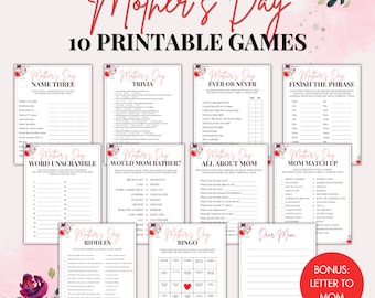 Mothers Day Game Bundle, 10 Printable Mothers Day Games, Mothers Day Party Game, Mothers Day Trivia, Mothers Day Brunch Games, Family Night