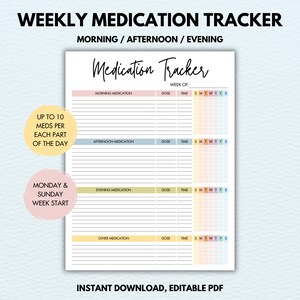 Op de afbeelding: Een afdrukbare wekelijkse medicatietracker met secties voor ochtend, middag, avond en andere medicijnen. De tracker bevat kolommen voor dosering, tijd en dagen van de week. De tekst "WEEK VAN:" staat bovenaan de pagina.