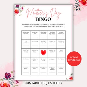 Mothers Day Bingo, Printable Bingo Game, Mothers Day Party Game, Printable Mother&#39;s Day Game, Mothers Day Brunch Games, Mothers Day Ideas