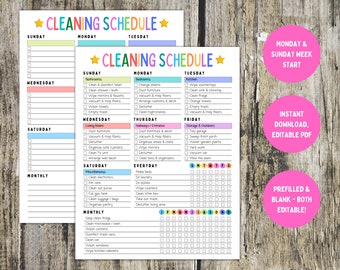 Könnte beinhalten: Ein druckbarer Reinigungs-Checklistenplan mit farbigen Überschriften für jeden Tag der Woche. Die Checkliste enthält Aufgaben für Badezimmer, Schlafzimmer, Wohnzimmer, Küche, Flur, Lagerung und im Freien. Die Checkliste enthält auch einen Abschnitt für tägliche Aufgaben und eine monatliche Checkliste.