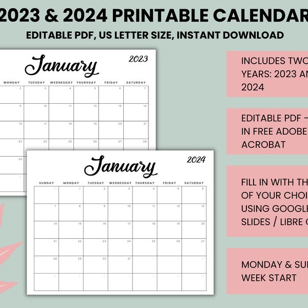 Editable 2023 Calendar, 2024 Calendar, 2024 Monthly Planner, Printable Monthly Calendar Template, Wall Calendar, Instant Download PDF PPTX