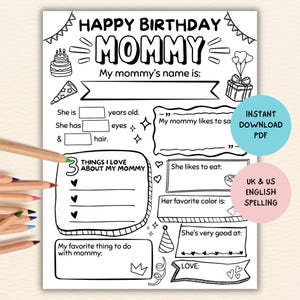 Happy Birthday Mommy, Printable Birthday Card, Mom Coloring Page, Printable Mommy Keepsake, Fill In Questionnaire, DIY Gift for Mom, PDF