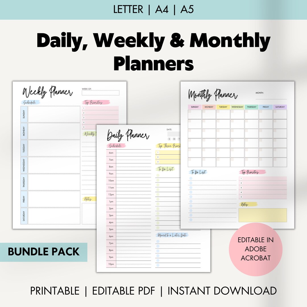 Daily Weekly Monthly Planner Printable: A4 A5 Letter (editable PDF) - Etsy