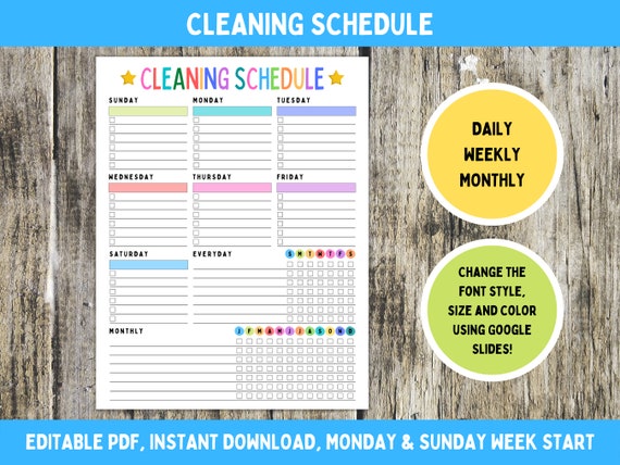 Editable Cleaning Schedule Printable Weekly Cleaning Planner Etsy