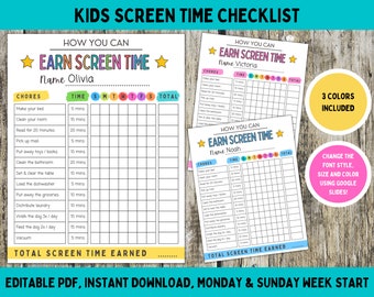 Earn Screen Time Checklist, Printable Kids Screen Time Chore Chart Bundle, Teens Screen Time Chore Tracker, 3 Colors, Editable PDF + PPTX