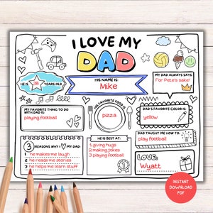 Ich liebe meinen Vater, Vatertagsgeschenk von Kindern, Vatertagskarte, Alles über Vater Ausfüllen Fragebogen, Malseite, Geschenk Vater, PDF