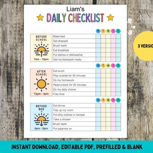 Printable Daily Checklist for Kids, Editable Kids To Do List, Responsibility Chart, Before, After School, Morning, Evening, Chore Chart PDF