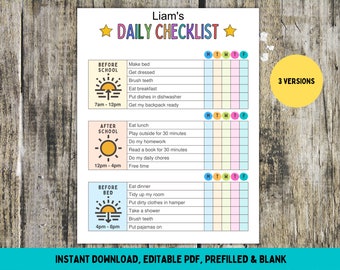 May include: A printable daily checklist for kids with a colorful sun graphic and a checklist for before school, after school, and before bed. The checklist includes tasks like making the bed, getting dressed, brushing teeth, eating breakfast, playing outside, doing homework, reading a book, doing chores, eating dinner, tidying up the room, putting dirty clothes in the hamper, taking a shower, brushing teeth, and putting pajamas on. The checklist is labeled "Liam's Daily Checklist" and includes a section for each day of the week: Monday, Tuesday, Wednesday, Thursday, Friday.