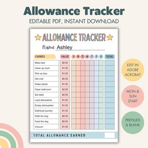 Könnte beinhalten: Ein farbenfroher Allowance Tracker mit dem Titel "Allowance Tracker" oben. Der Tracker enthält Aufgabenkategorien, Wert und einen Wochenplan. Der Text "Name Ashley" ist ebenfalls sichtbar. Das Design ist editierbar und sofort zum Download verfügbar.