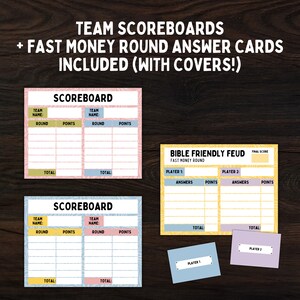 Op de afbeelding: Twee roze en blauwe scoreborden met de tekst "SCOREBOARD" en "TEAM NAME:" en "ROUND" en "POINTS". Een geel en blauw scorebord met de tekst "BIBLE FRIENDLY FEUD" en "FAST MONEY ROUND". Twee kleine blauwe en paarse kaartjes met de tekst "PLAYER 1" en "PLAYER 2".
