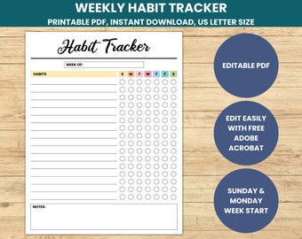 Weekly Habit Tracker, Printable Habit Tracker, Editable Template, Routine Tracker, Instant Download, Editable Weekly Tracker, Fillable PDF