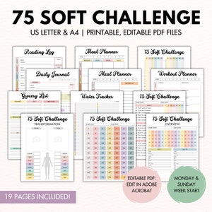 Editable 75 Soft Challenge Tracker, Printable 75 Day Challenge, Easy Challenge, 75 Soft Editable Planner, 75 Challenge Bundle, Habit Tracker