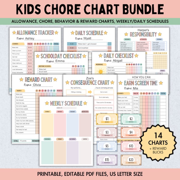 Editable Kids Chore Charts, Allowance, Reward Chart, Screen Time, Daily Checklist, Consequence Behavior Chart, Screen Time Weekly Chores PDF