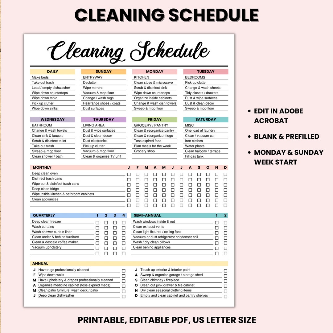 Editable Cleaning Schedule, Printable Cleaning Checklist, Daily Weekly ...