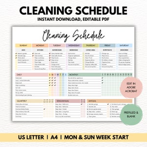 Editable Cleaning Schedule, Printable Cleaning Checklist, ADHD Cleaning Planner, House Chore List, Weekly, Monthly, Yearly, Digital PDF