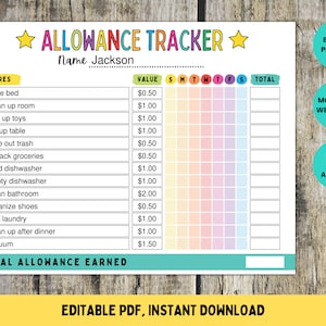 Toelage Tracker, wekelijkse vergoeding karwei grafiek voor kinderen, bewerkbare vergoeding grafiek, geld verdienen grafiek, geld beloning grafiek, afdrukbare PDF