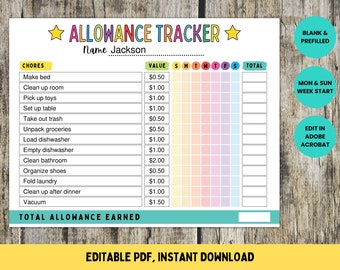 Allowance Tracker, Weekly Allowance Chore Chart for Kids, Editable Allowance Chart, Earn Money Chart, Money Reward Chart, Printable PDF