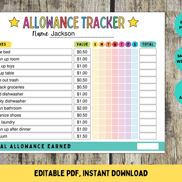 Allowance Tracker, Weekly Allowance Chore Chart for Kids, Editable Allowance Chart, Earn Money Chart, Money Reward Chart, Printable PDF