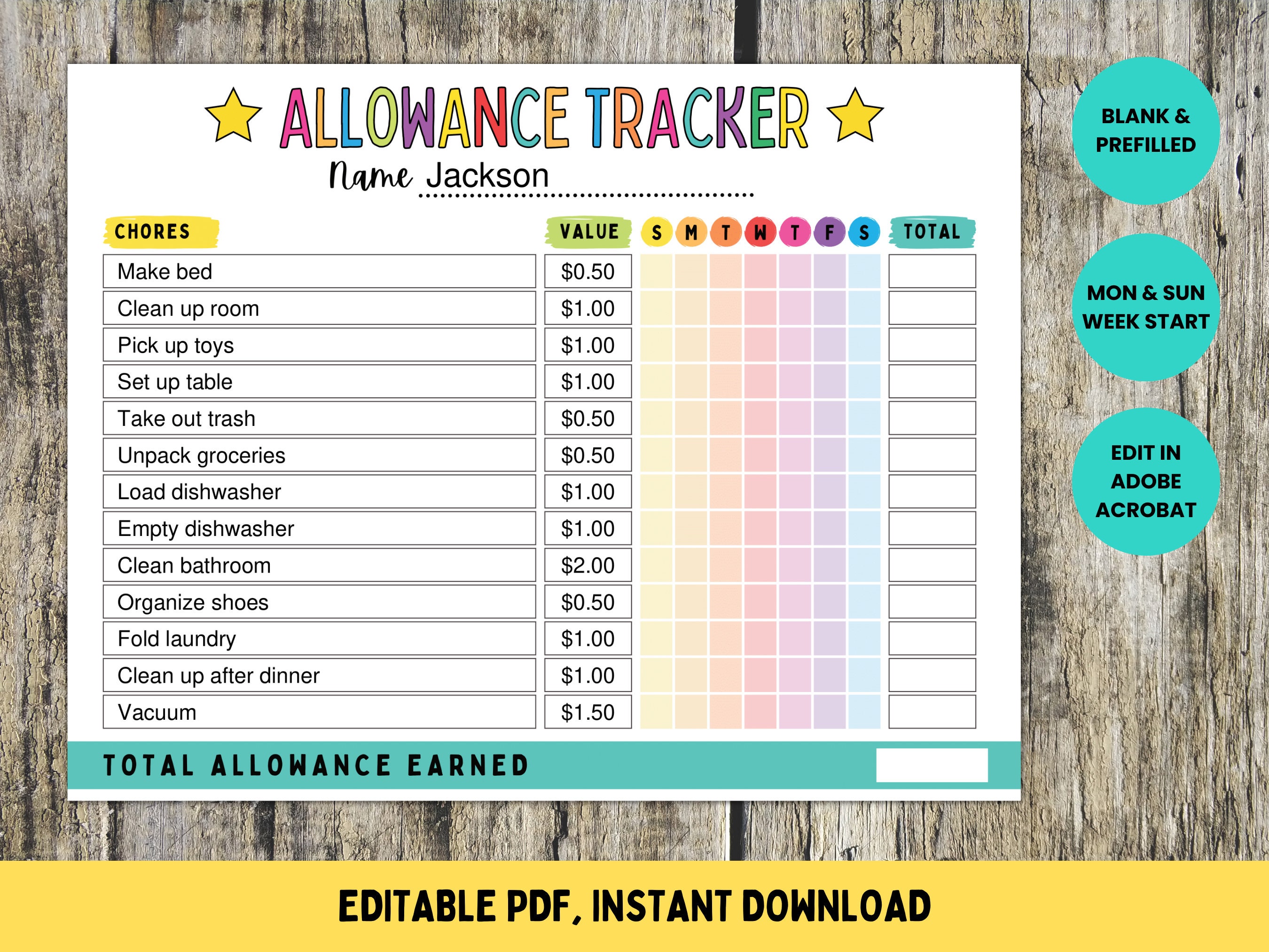 Allowance chore chart template