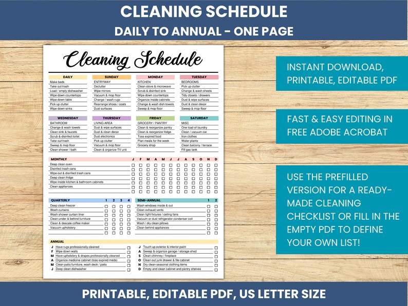 Editable Cleaning Schedule Printable Cleaning Checklist - Etsy