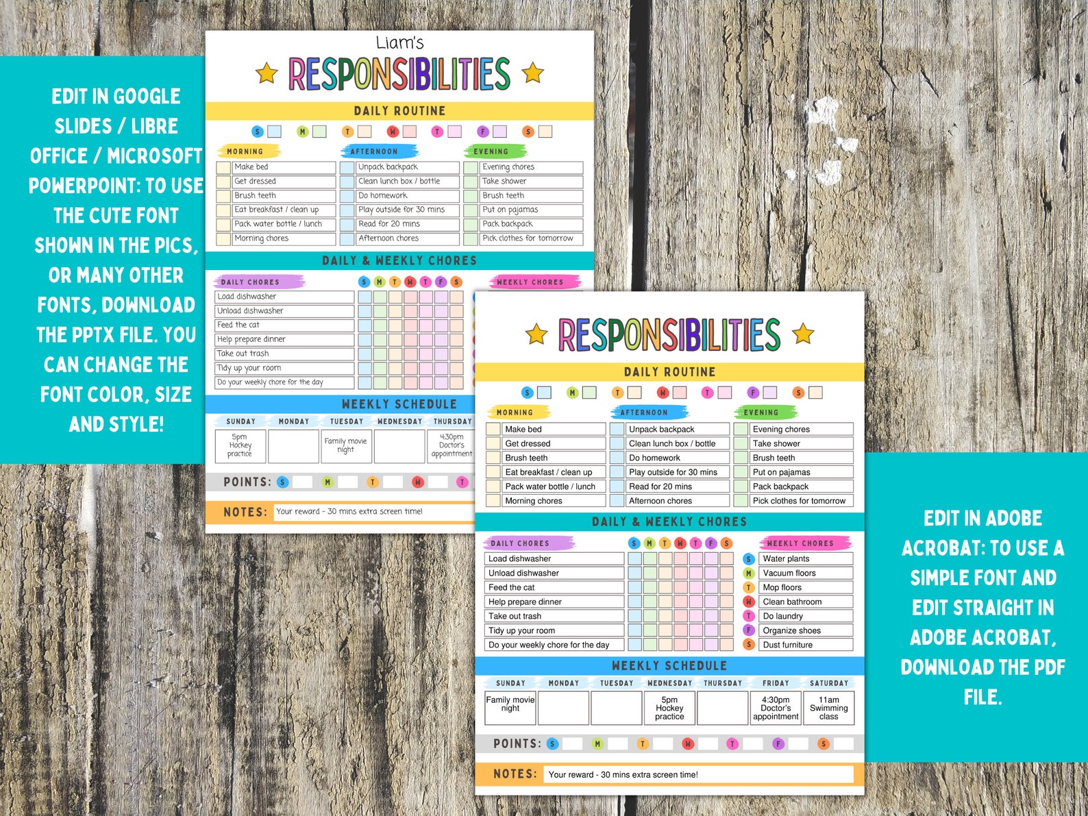 Printable Responsibility Chart, Editable Daily Weekly Chores Chart ...