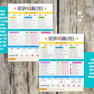 Pu&ograve; includere: Un grafico stampabile con un design colorato e il titolo "Responsabilit&agrave;". Il grafico &egrave; diviso in sezioni per la routine quotidiana, i compiti quotidiani e settimanali e un programma settimanale. Il grafico &egrave; progettato per aiutare i bambini a imparare la responsabilit&agrave; e sviluppare buone abitudini.