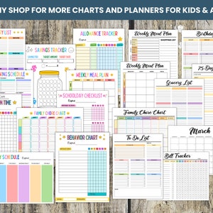 Pu&ograve; includere: Una collezione di grafici e pianificatori stampabili per bambini e adulti. I grafici sono colorati e presentano una variet&agrave; di temi, tra cui liste della spesa, programmi di pulizia, tracker di risparmio, tracker di paghette, piani pasto settimanali, checklist per il giorno scolastico, grafici di faccende domestiche familiari, grafici comportamentali, liste di cose da fare, tracker di bollette e sfide di 75 giorni.
