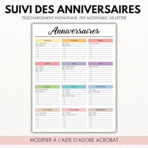 Suivi des Anniversaires Imprimable, Liste d’Anniversaires Modible, Calendrier des Anniversaires Numérique, Téléchargement Instantané, PDF