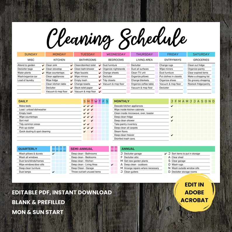 Editable Cleaning Schedule: Weekly, Monthly, Yearly Chore Chart (PDF ...